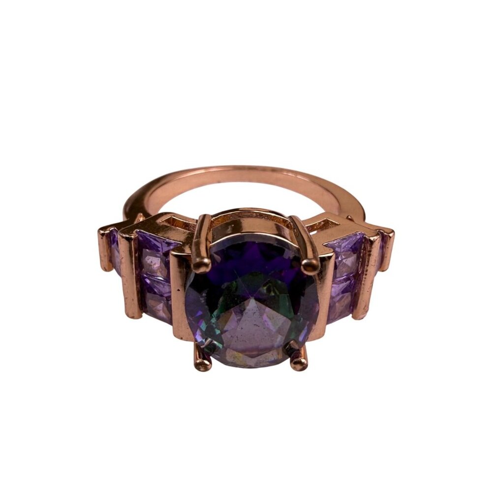 Modern Womens Rose Gold Tone Ring Rainbow Cubic Zirconia Purple Gemstones
